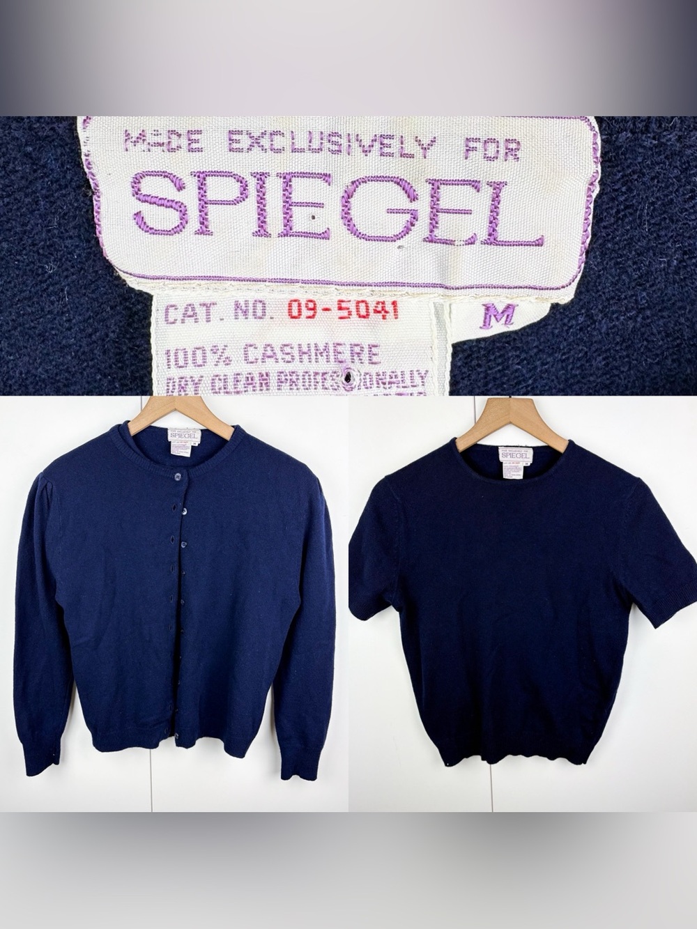 Vintage 100% Cashmere Cardigan Sweater Short Sleeve Crew Shirt Top Set Navy Blue